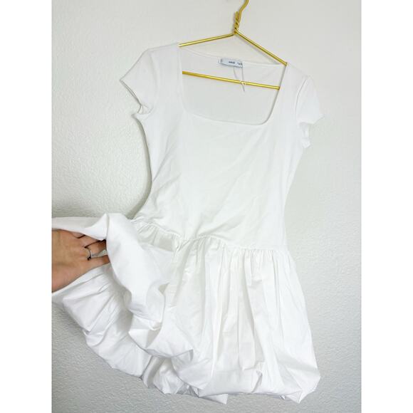 Mango White Bubble Hem Mini Dress Size Small Square Neck Stretch - Picture 12 of 14